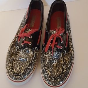 Sperry size 11 b & w  sequins pink string